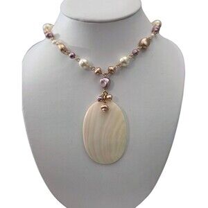 Vintage NRQ Avon Faux Pearl Pastel Gold Tone Chain Shell Pendant Necklace 21”